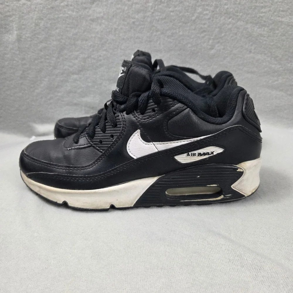 Nike Air Max 90 LTR GS Black White Leather Sneakers CD6864-010 Kids 5.5Y